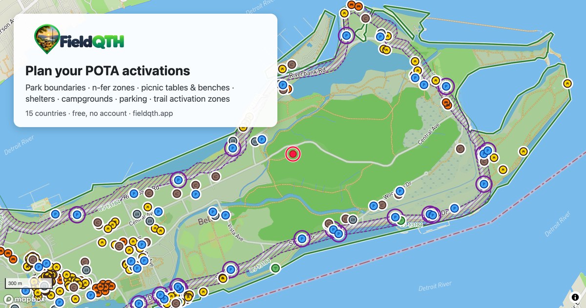 Carte FieldQTH de Belle Isle State Park (US-1487) : limite du parc, zones n-fer hachurées, tables de pique-nique, bancs, abris et parkings